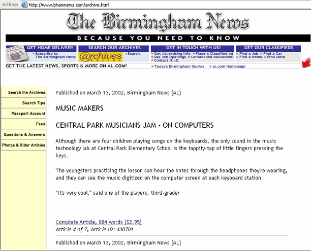 Birmingham News Archives Music Tech Teacher Article from March, 2002.