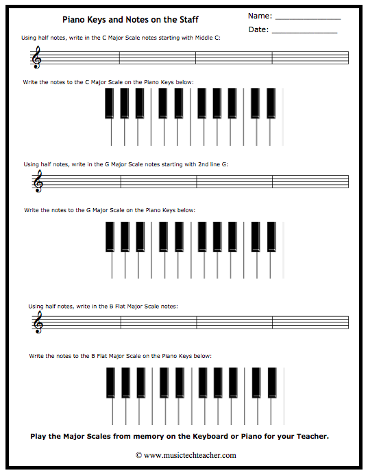 Piano Keys and Notes on the Staff - Worksheet