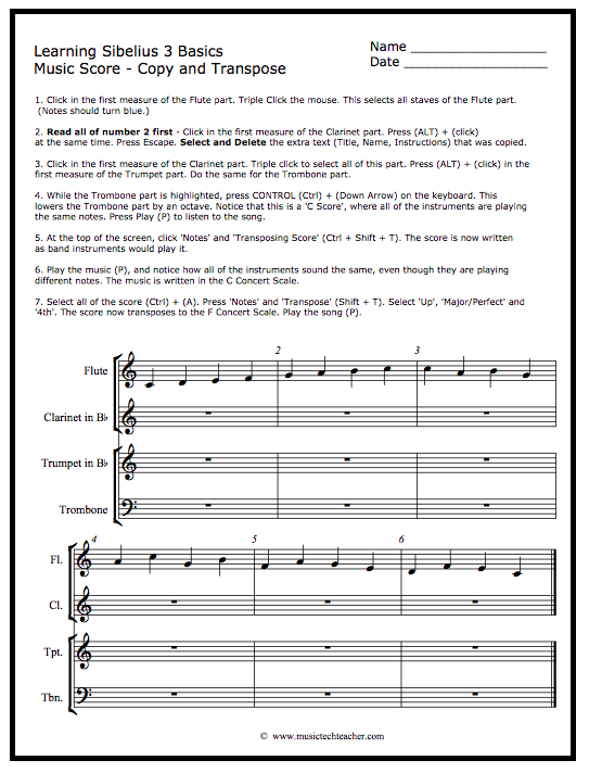 Sibelius 3 Basics - Copy and Transpose - Worksheet